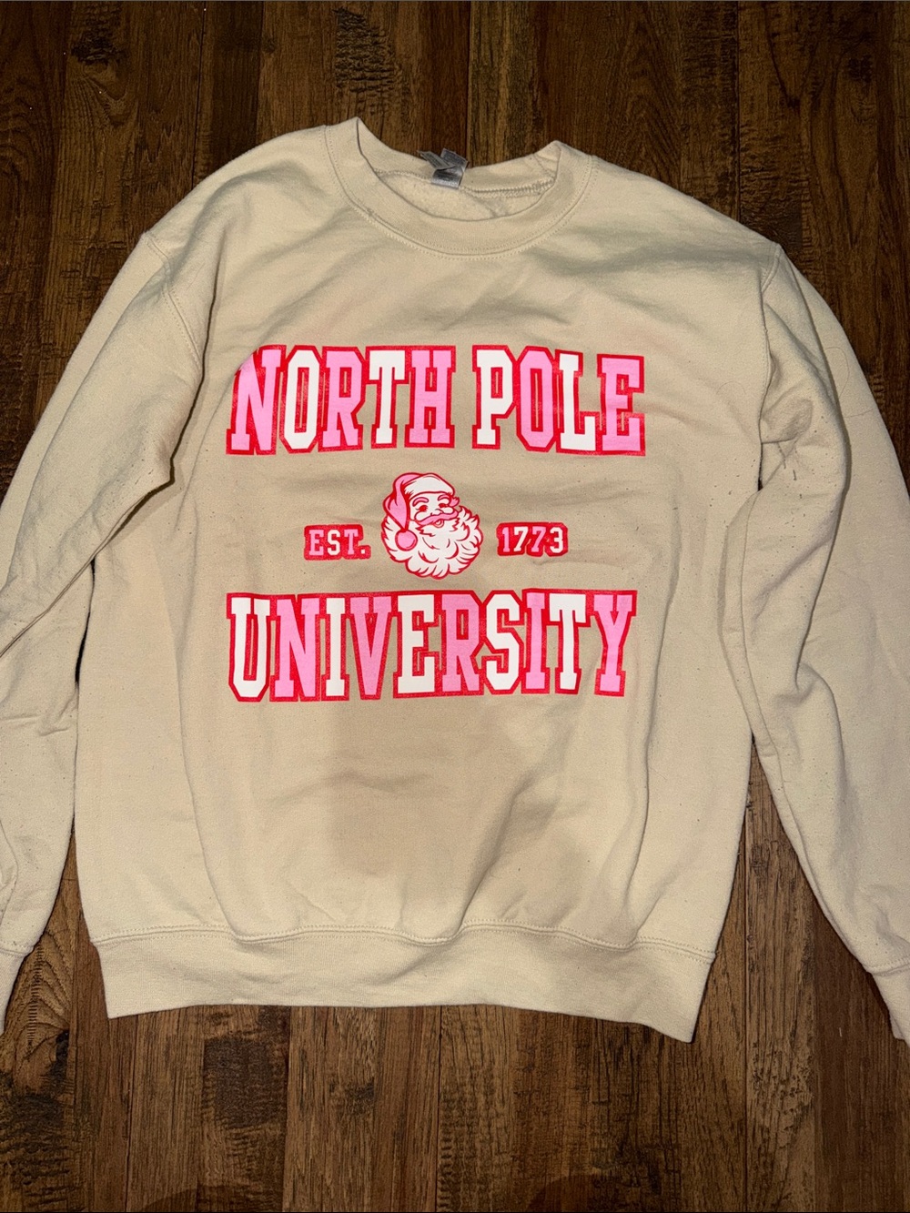 Gildan Cream Crewneck with Pink-Red North Pole University Graphic